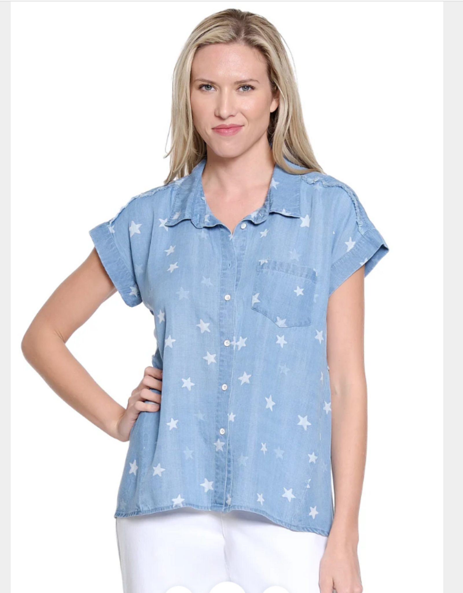 Multiples Tru Luxe T26487BM Lt. Denim Star Print Collared Button-Up S/S Top w/Fray Detail