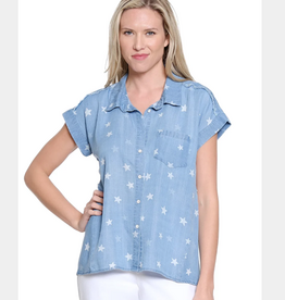Multiples Tru Luxe Lt. Denim Star Print Collared Button-Up S/S Top w/Fray Detail
