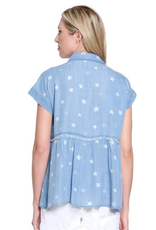 Multiples Tru Luxe T26487BM Lt. Denim Star Print Collared Button-Up S/S Top w/Fray Detail