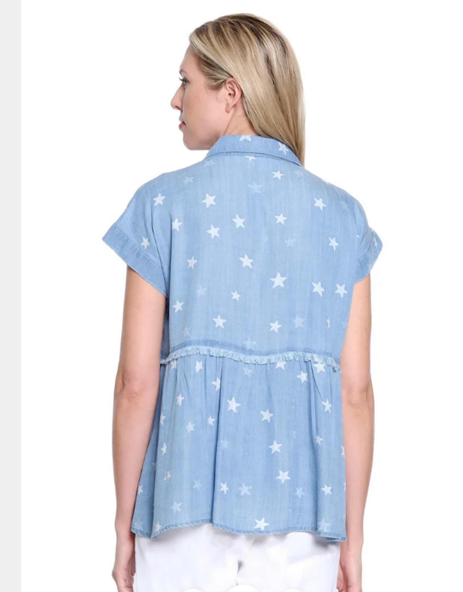 Multiples Tru Luxe T26487BM Lt. Denim Star Print Collared Button-Up S/S Top w/Fray Detail