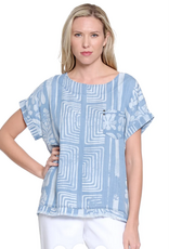 Multiples Tru Luxe T26493BM Lt. Denim w/Laser Print Short Dolman Sleeve Top w/Fray Hem