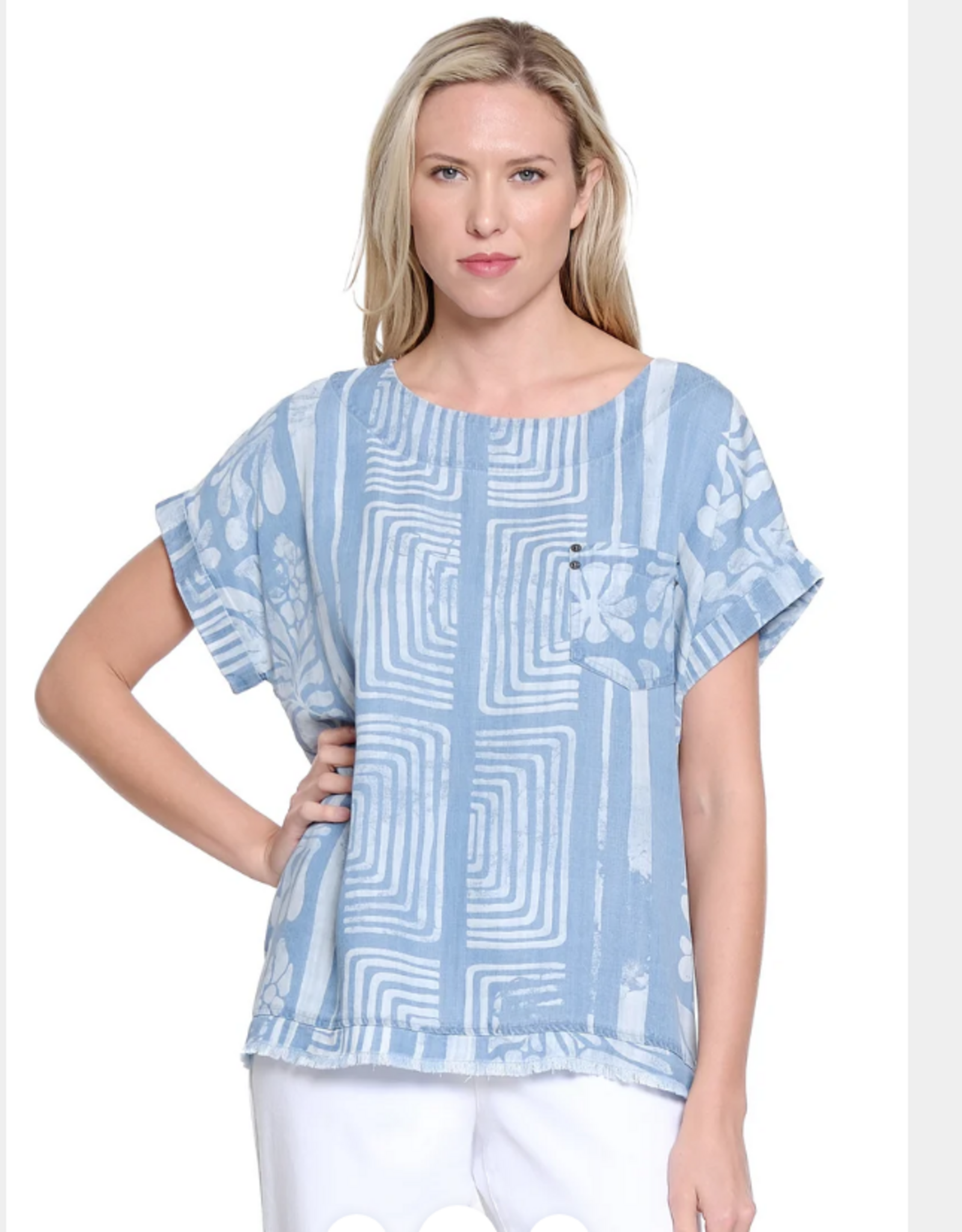 Multiples Tru Luxe T26493BM Lt. Denim w/Laser Print Short Dolman Sleeve Top w/Fray Hem