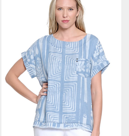 Multiples Tru Luxe Lt. Denim w/Laser Print Short Dolman Sleeve Top w/Fray Hem
