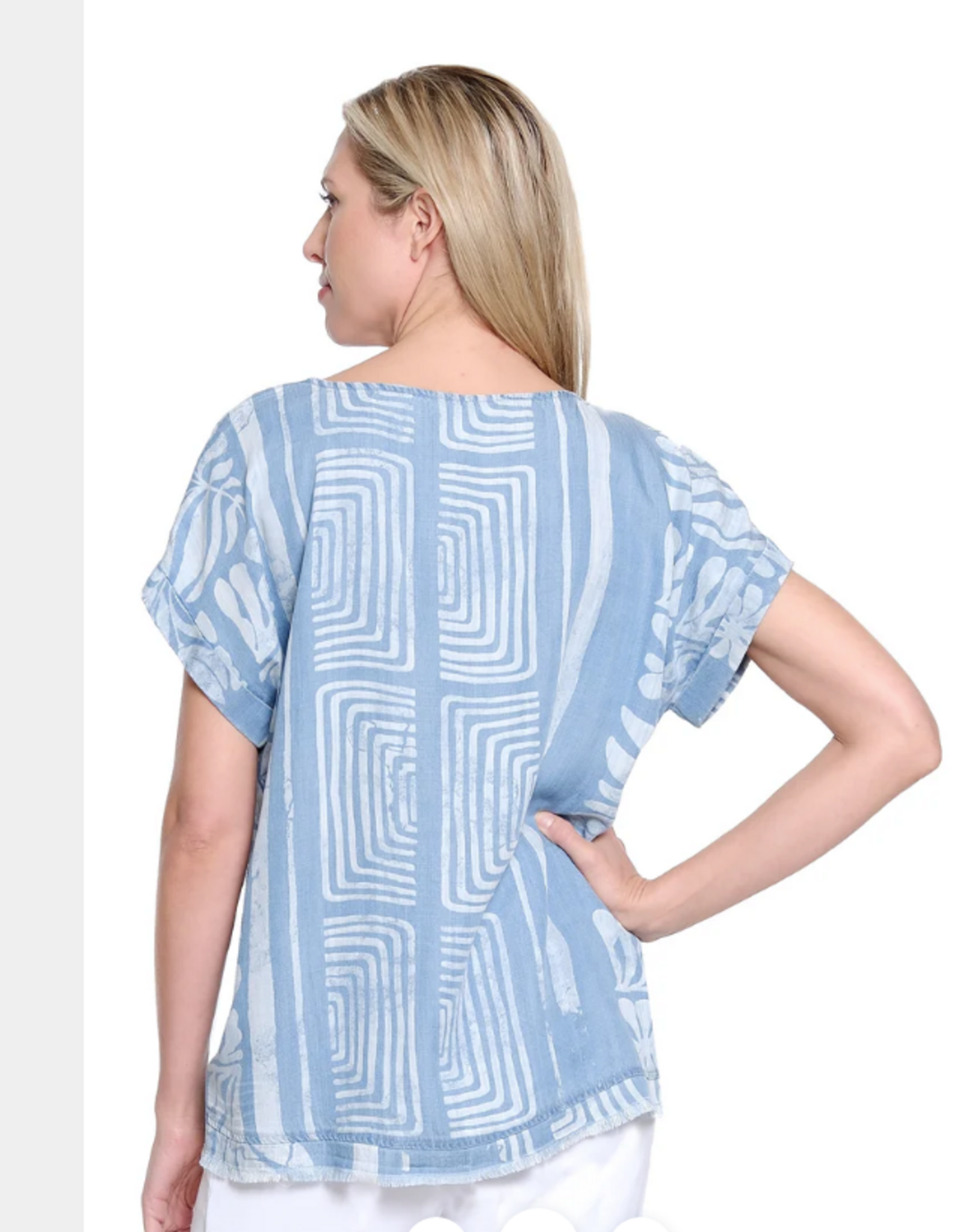 Multiples Tru Luxe T26493BM Lt. Denim w/Laser Print Short Dolman Sleeve Top w/Fray Hem