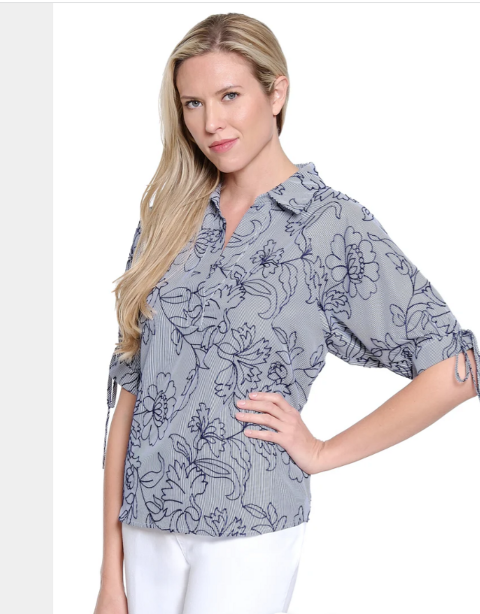 Multiples Tru Luxe T26489BM Navy Stripe Split Neck 3/4 Tie Sleeves Pop-Over Top