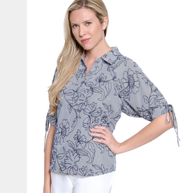 Multiples Tru Luxe Navy Stripe Split Neck 3/4 Tie Sleeves Pop-Over Top