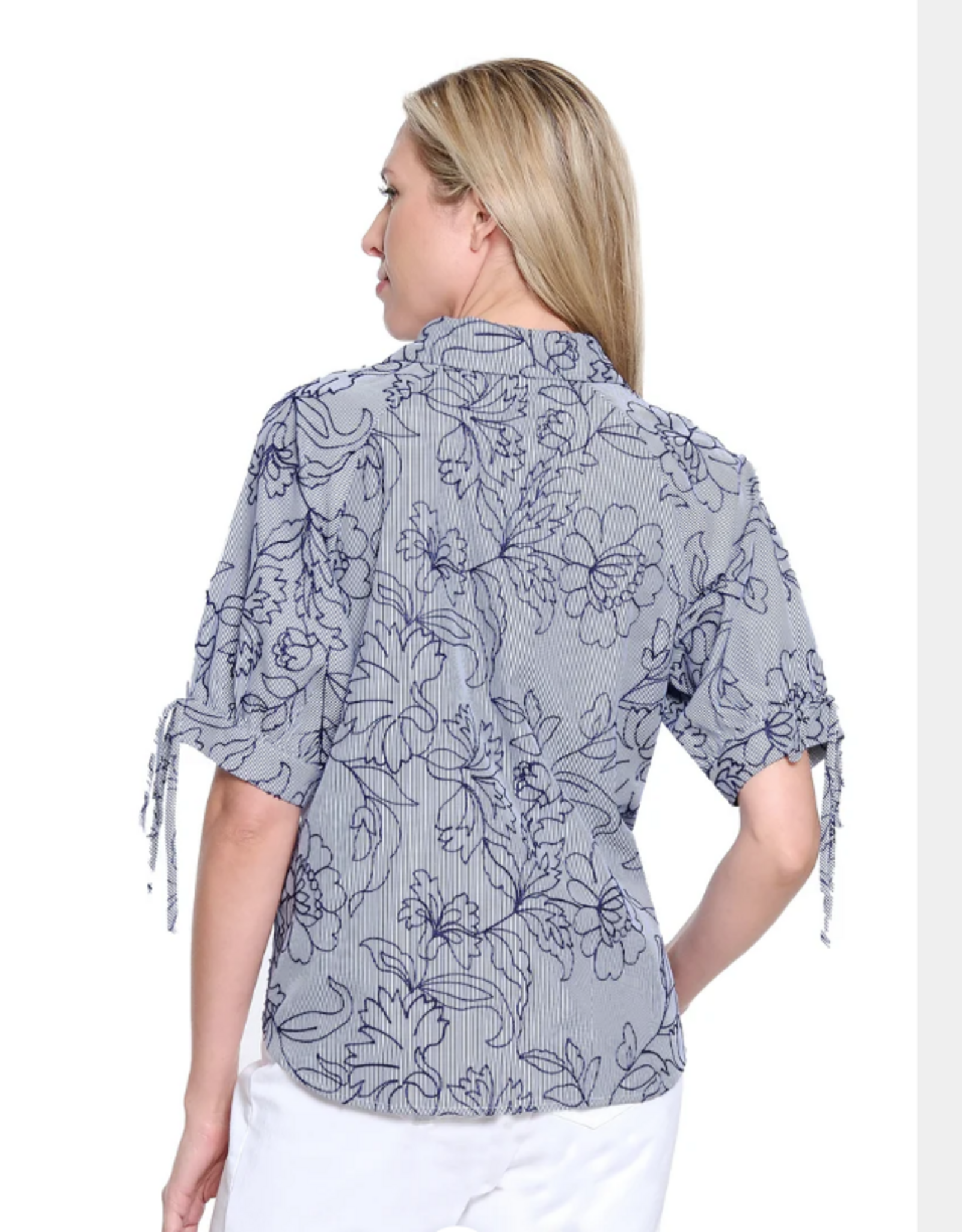 Multiples Tru Luxe T26489BM Navy Stripe Split Neck 3/4 Tie Sleeves Pop-Over Top