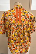 Tru Luxe Tru Luxe T26475BM Orange/Multi Floral/Fruit Print Button-Up w/Ribbon Trim Top