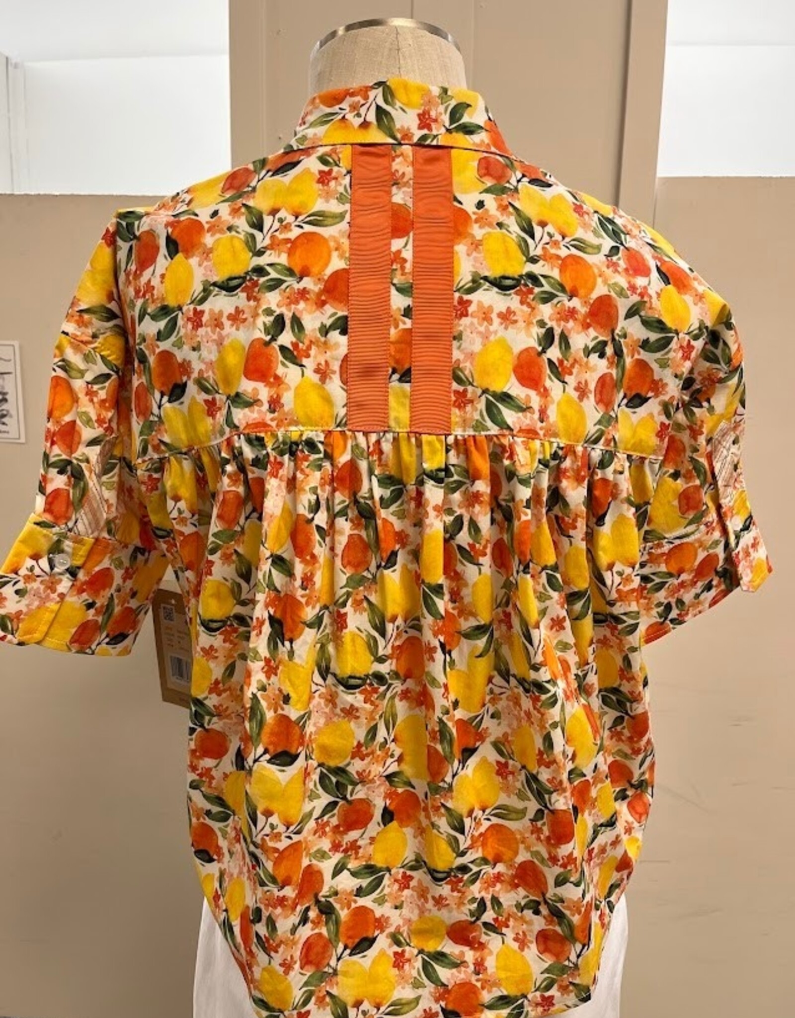 Tru Luxe Tru Luxe T26475BM Orange/Multi Floral/Fruit Print Button-Up w/Ribbon Trim Top