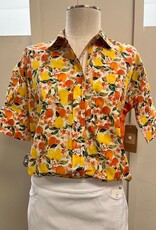 Tru Luxe Tru Luxe T26475BM Orange/Multi Floral/Fruit Print Button-Up w/Ribbon Trim Top