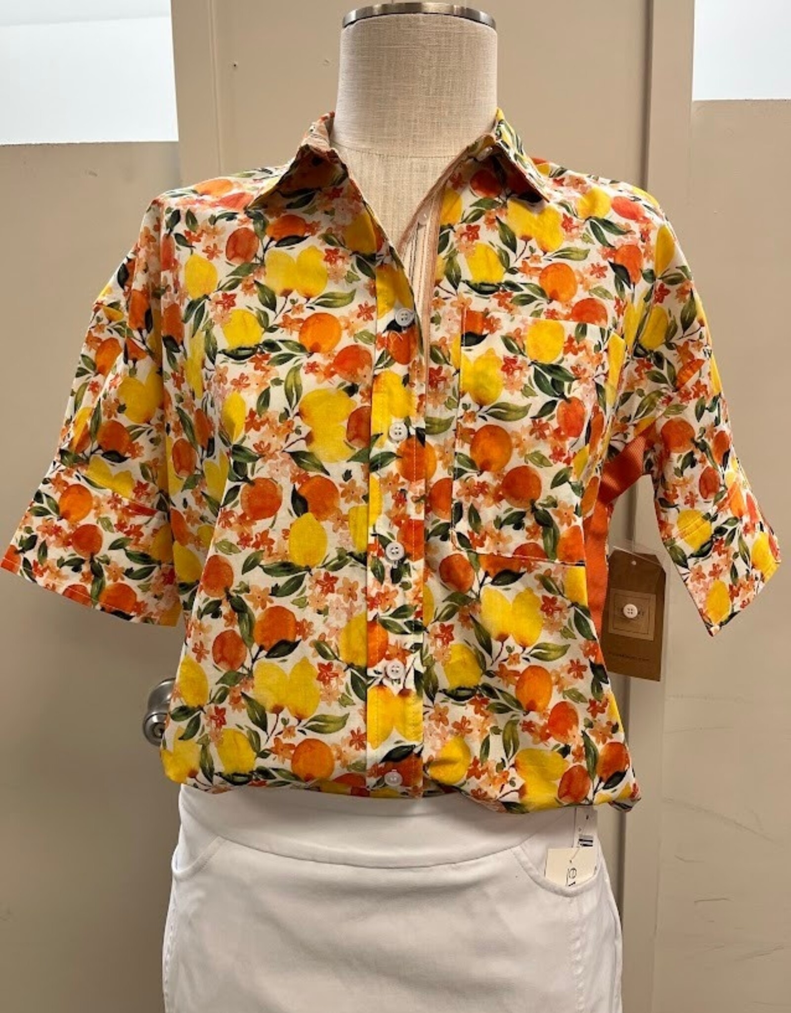 Tru Luxe Tru Luxe T26475BM Orange/Multi Floral/Fruit Print Button-Up w/Ribbon Trim Top
