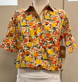 Tru Luxe Tru Luxe Orange/Multi Floral/Fruit Print Button-Up w/Ribbon Trim Top
