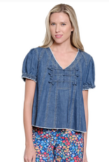 Tru Luxe Tru Luxe T26476BM Medium Indigo Denim V-Neck Short Sleeve Swing Top