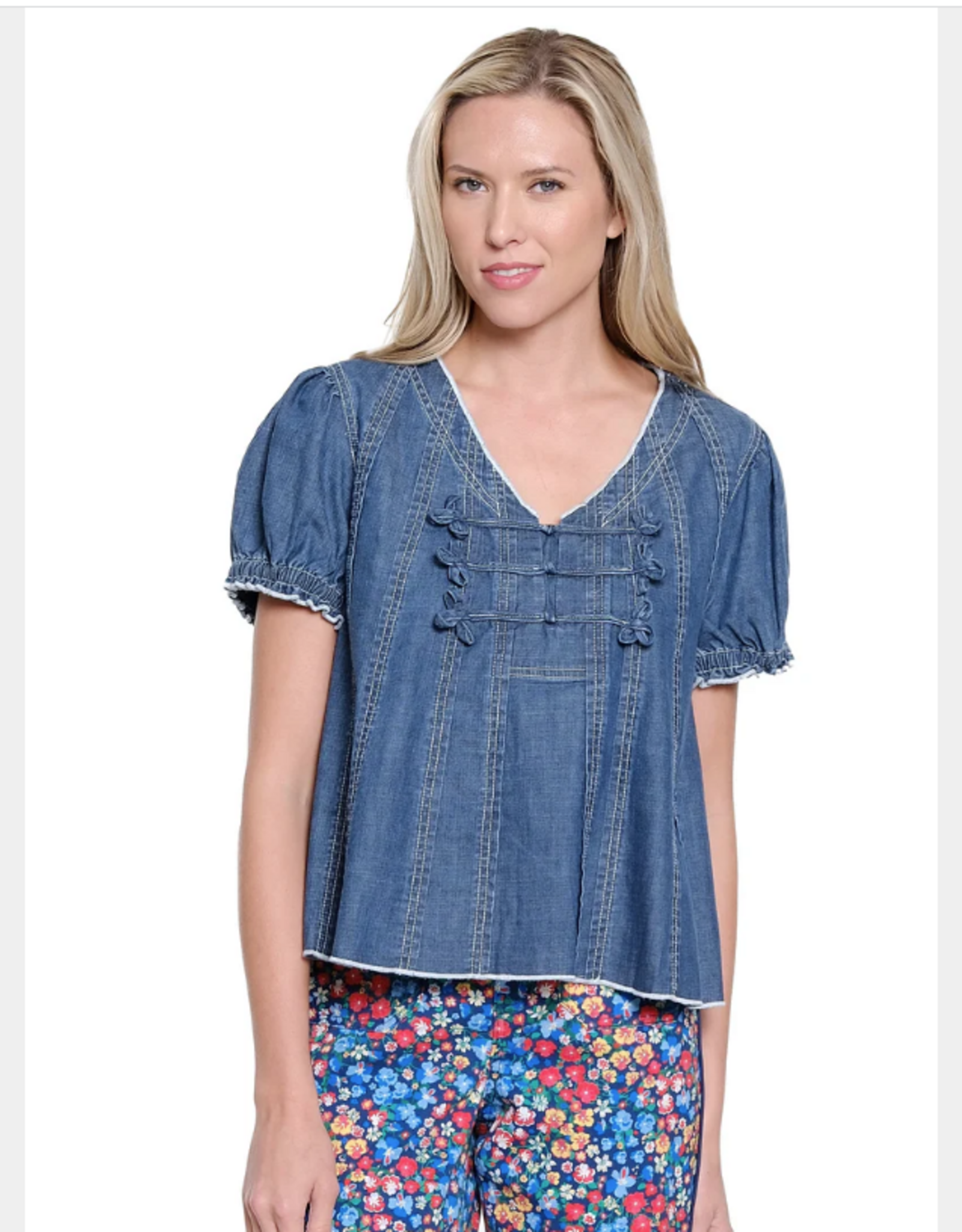 Tru Luxe Tru Luxe T26476BM Medium Indigo Denim V-Neck Short Sleeve Swing Top
