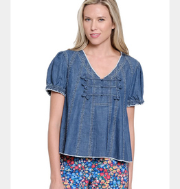 Tru Luxe Tru Luxe Medium Indigo Denim V-Neck Short Sleeve Swing Top