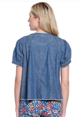 Tru Luxe Tru Luxe T26476BM Medium Indigo Denim V-Neck Short Sleeve Swing Top