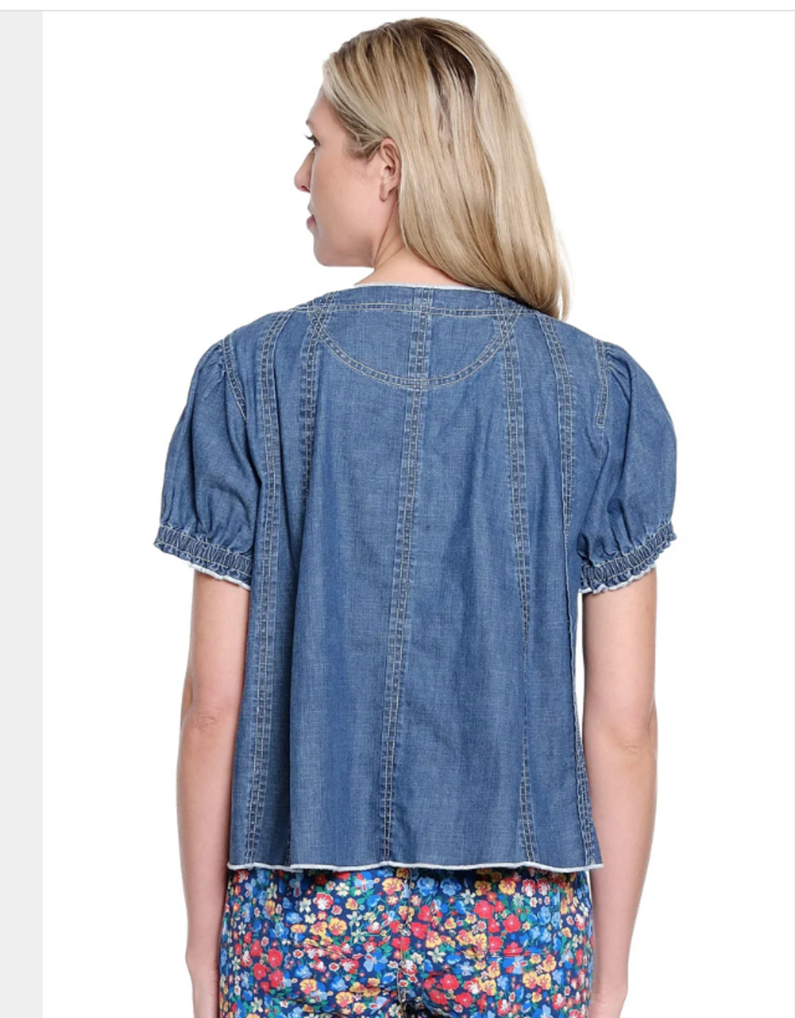 Tru Luxe Tru Luxe T26476BM Medium Indigo Denim V-Neck Short Sleeve Swing Top