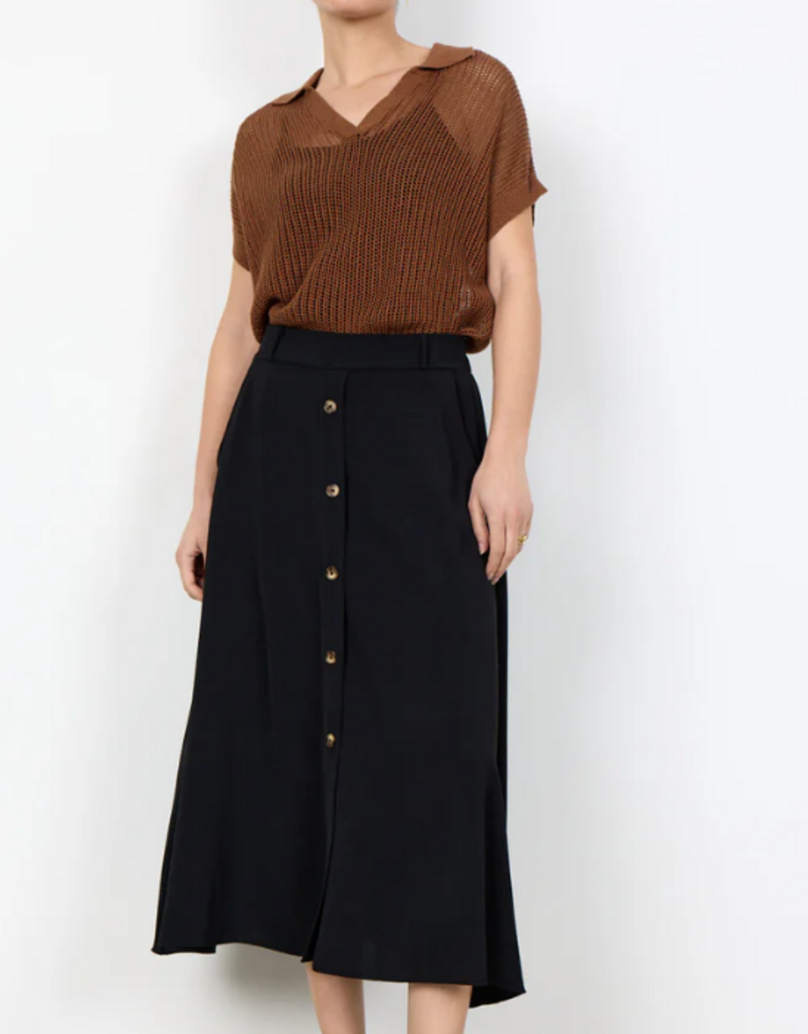 Soya Concept Soya Concept  Black Long Skirt Pull-On Elastic Waist Skirt w/Buttons