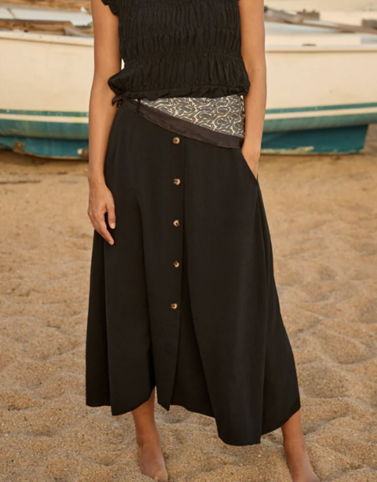 Soya Concept Soya Concept  Black Long Skirt Pull-On Elastic Waist Skirt w/Buttons