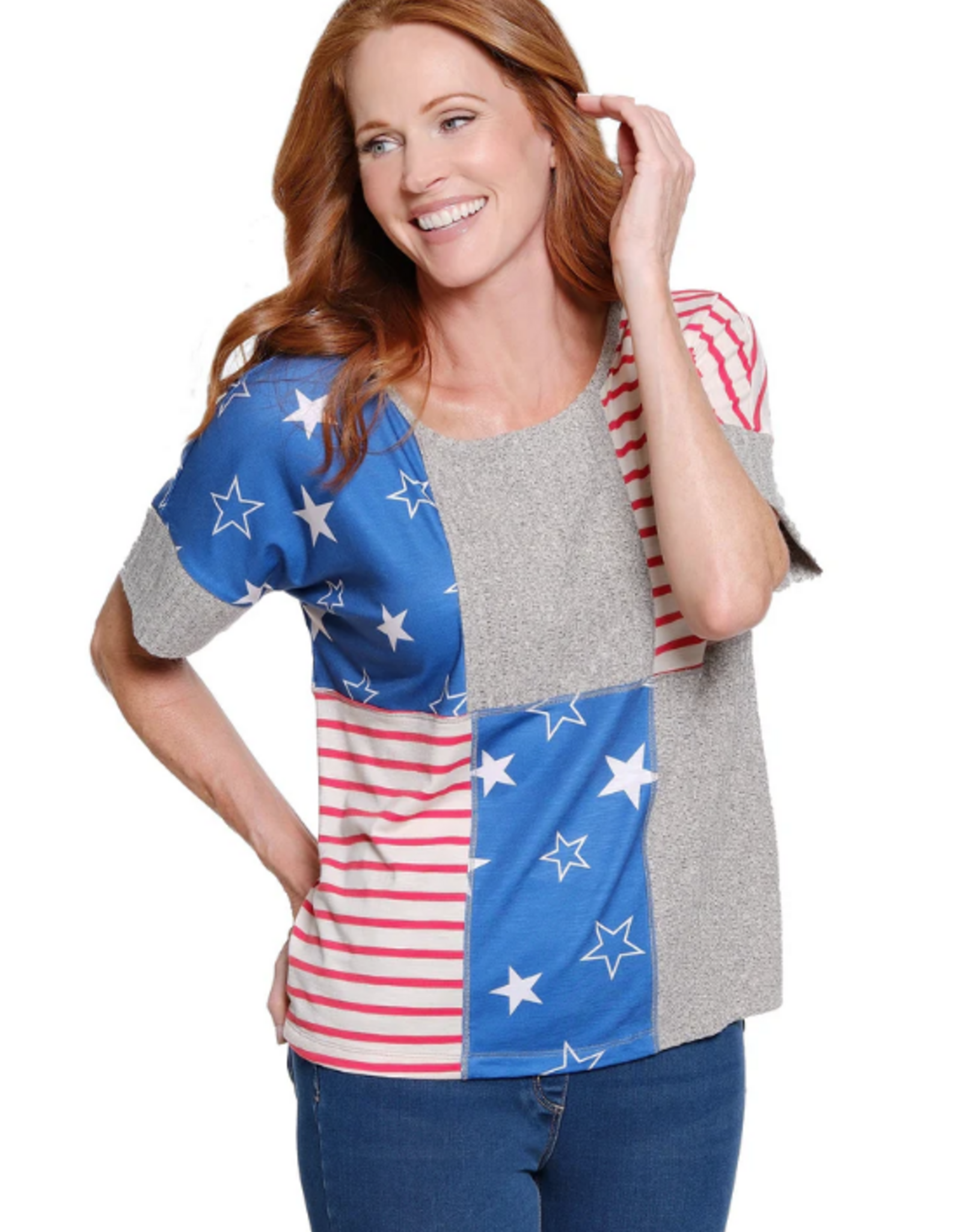 Multiples Multiples M26303TM Grey Red/Wt/Bl Stars/Stripe Patch Scoop Neck Dolman S/S Top