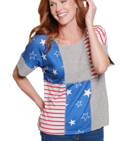 Multiples Multiples Grey Red/Wt/Bl Stars/Stripe Patch Scoop Neck Dolman S/S Top