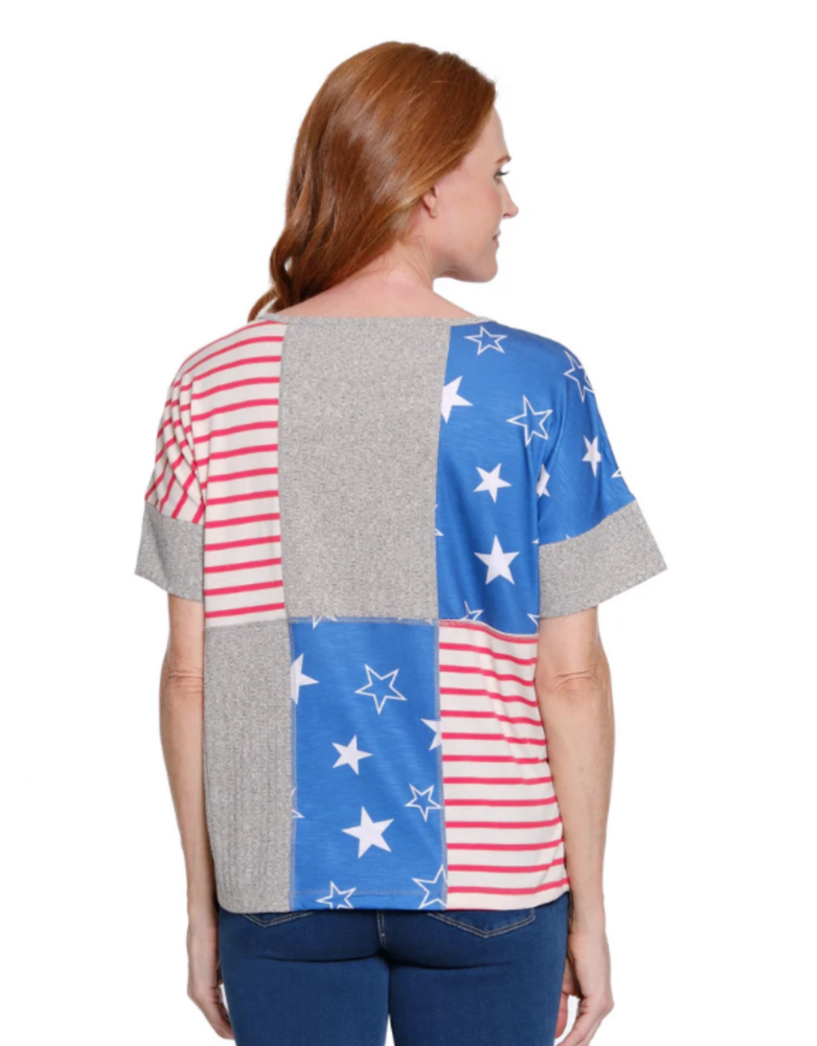 Multiples Multiples M26303TM Grey Red/Wt/Bl Stars/Stripe Patch Scoop Neck Dolman S/S Top