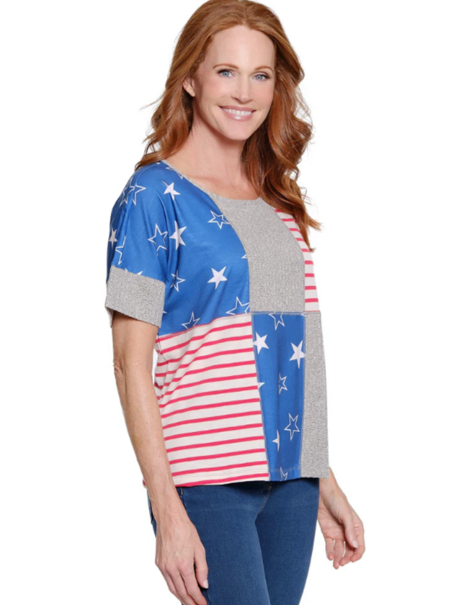 Multiples Multiples M26303TM Grey Red/Wt/Bl Stars/Stripe Patch Scoop Neck Dolman S/S Top