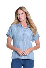 Multiples Multiples M26301TM Light Indigo Denim White Line Print Collared 3/4 Button S/S Top