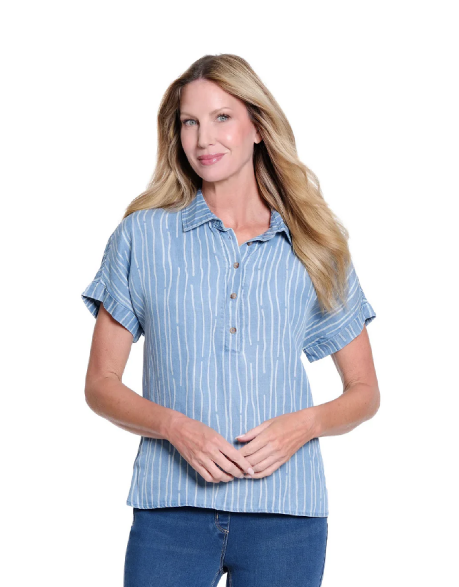 Multiples Multiples M26301TM Light Indigo Denim White Line Print Collared 3/4 Button S/S Top