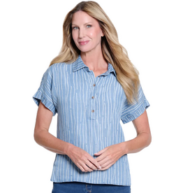 Multiples Multiples Light Indigo Denim White Line Print Collared 3/4 Button S/S Top
