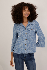 Multiples Multiples M26308JM Denim Star Print Collared Button-Up 3/4 Sleeve Jacket w/Fringe Hem