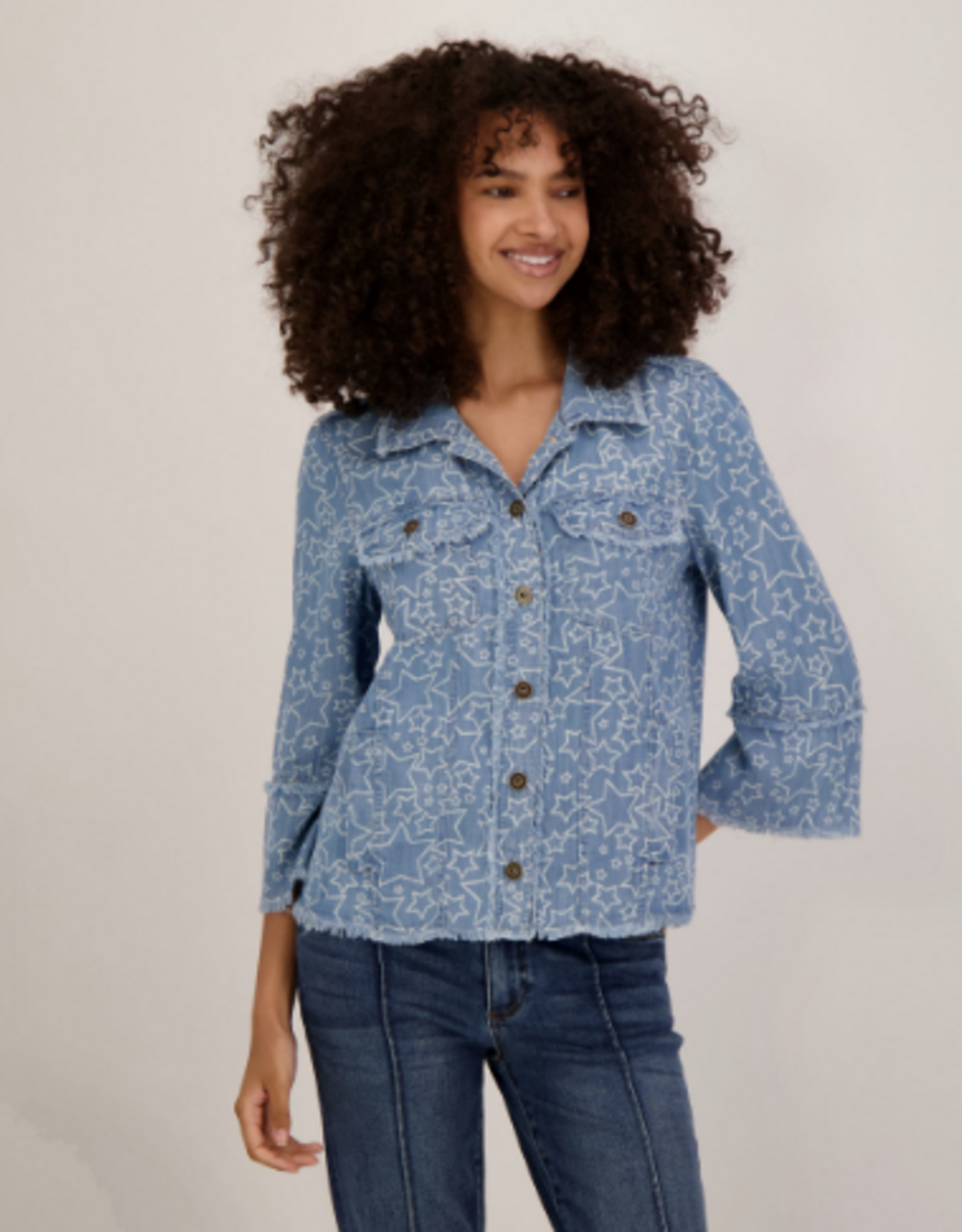 Multiples Multiples M26308JM Denim Star Print Collared Button-Up 3/4 Sleeve Jacket w/Fringe Hem