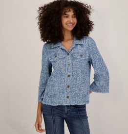 Multiples Multiples Denim Star Print Collared Button-Up 3/4 Sleeve Jacket w/Fringe Hem