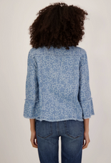 Multiples Multiples M26308JM Denim Star Print Collared Button-Up 3/4 Sleeve Jacket w/Fringe Hem