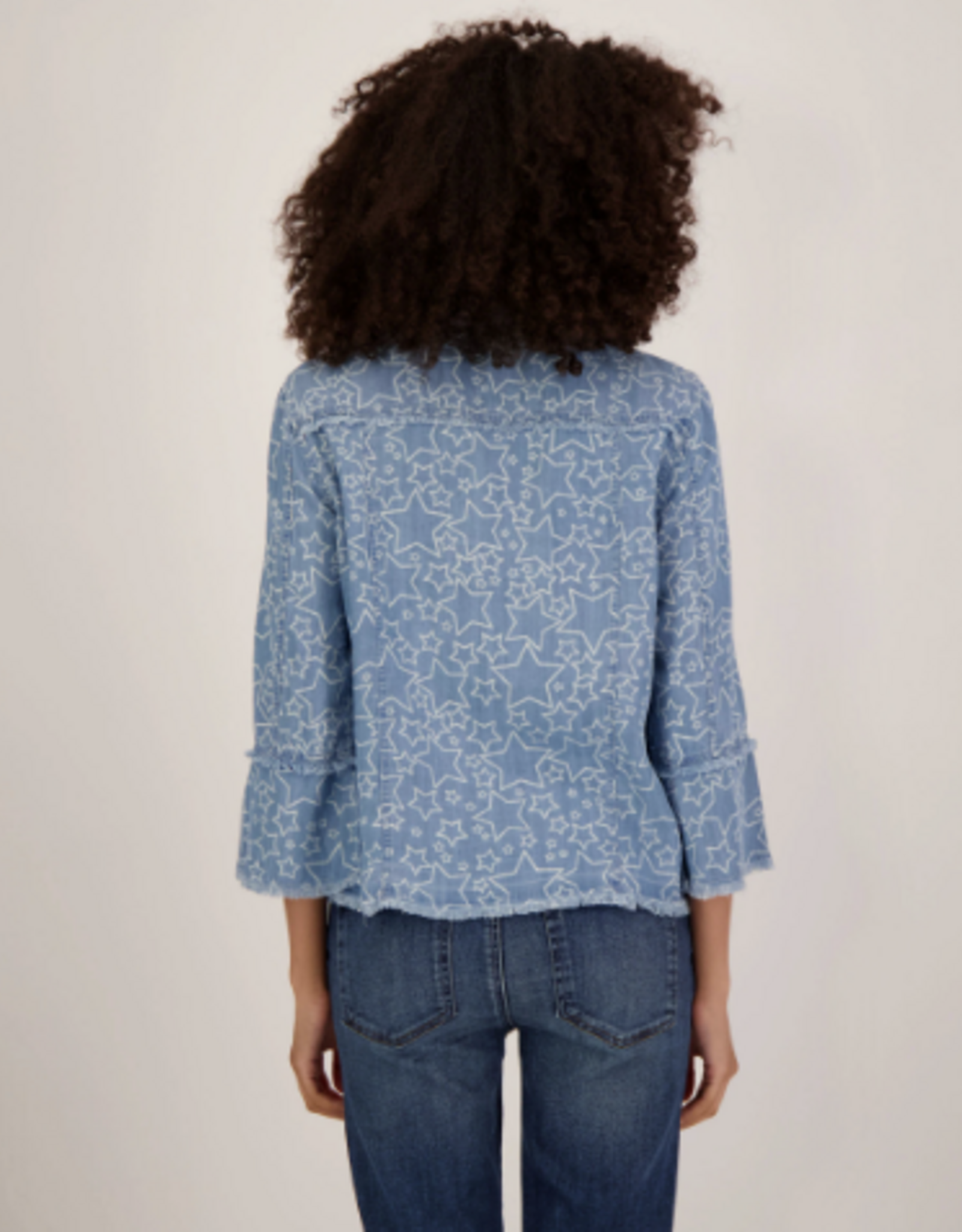 Multiples Multiples M26308JM Denim Star Print Collared Button-Up 3/4 Sleeve Jacket w/Fringe Hem