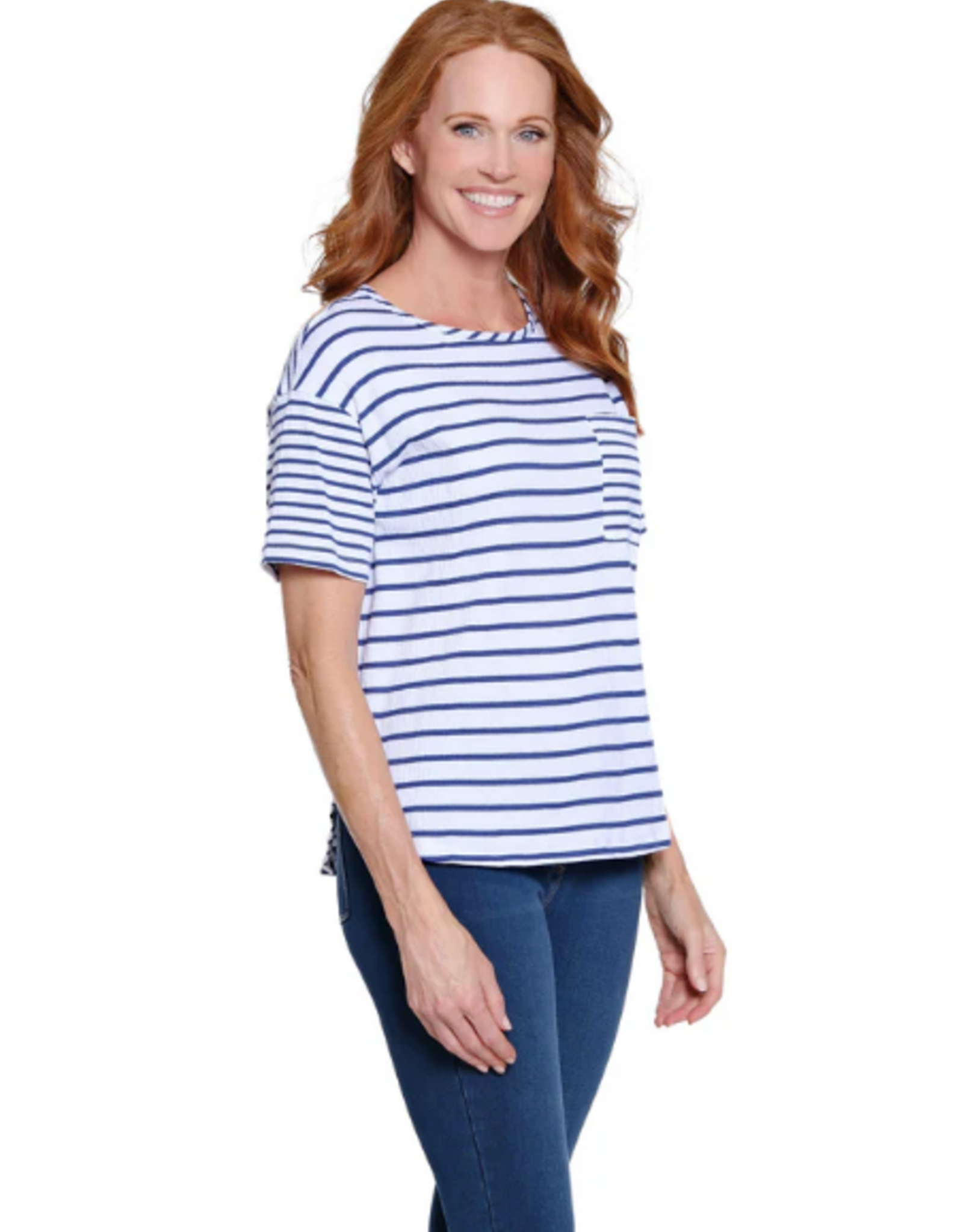 Multiples Multiples M26309TM Indigo Denim/White Stripe Print Scoop Neck S/S Knit Top