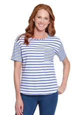 Multiples Multiples M26309TM Indigo Denim/White Stripe Print Scoop Neck S/S Knit Top