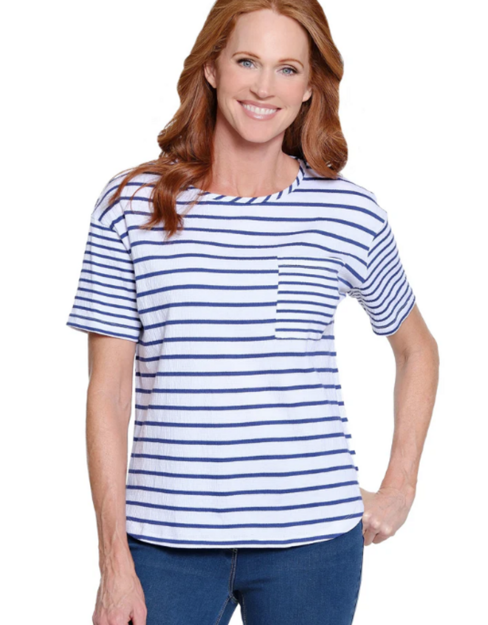 Multiples Multiples M26309TM Indigo Denim/White Stripe Print Scoop Neck S/S Knit Top