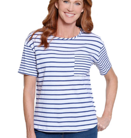 Multiples Multiples Indigo Denim/White Stripe Print Scoop Neck S/S Knit Top