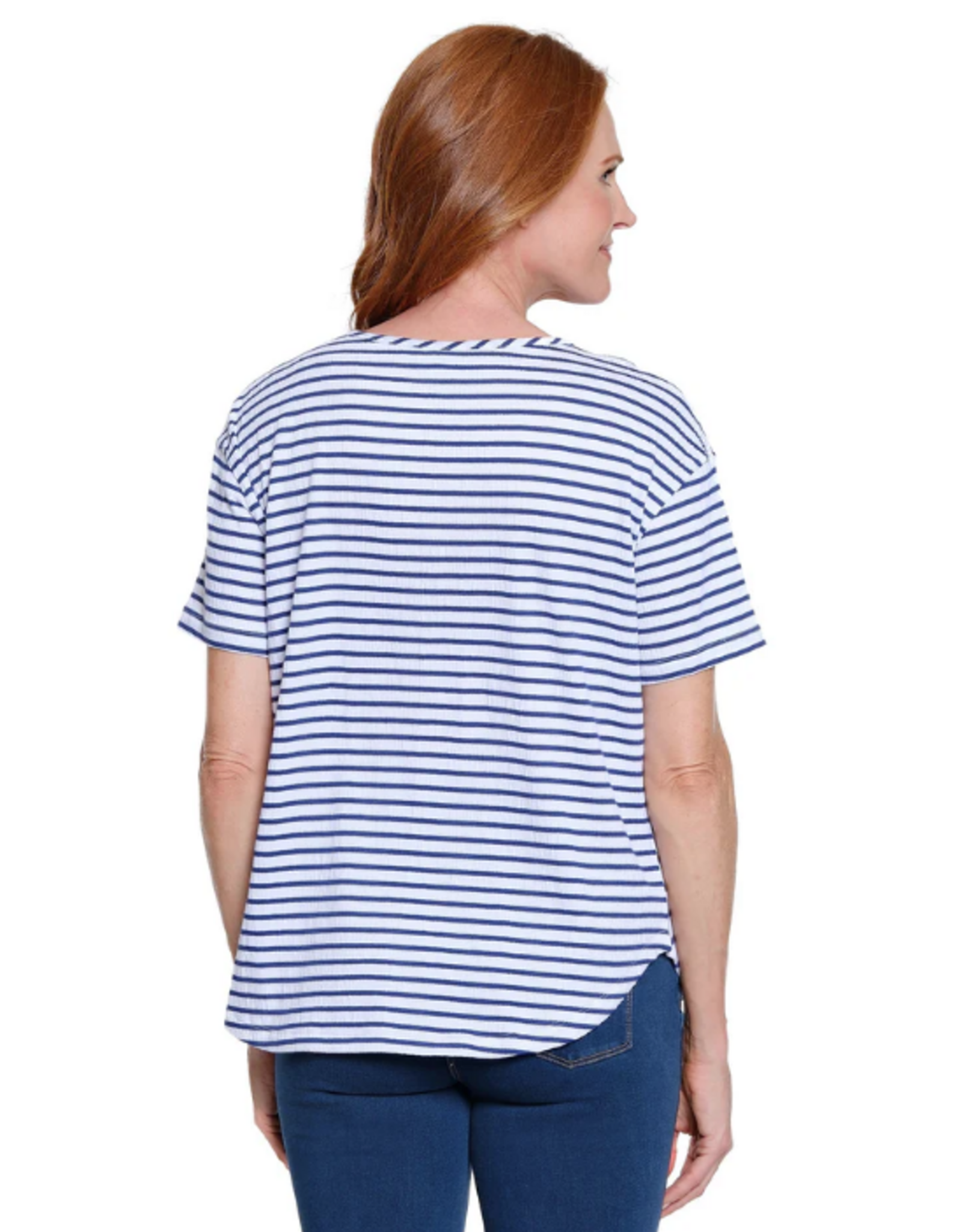 Multiples Multiples M26309TM Indigo Denim/White Stripe Print Scoop Neck S/S Knit Top
