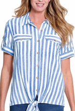 Multiples Multiples M26310BM Indigo Denim/White Stripe Print Collar Button-Up Tie-Front S/S Top