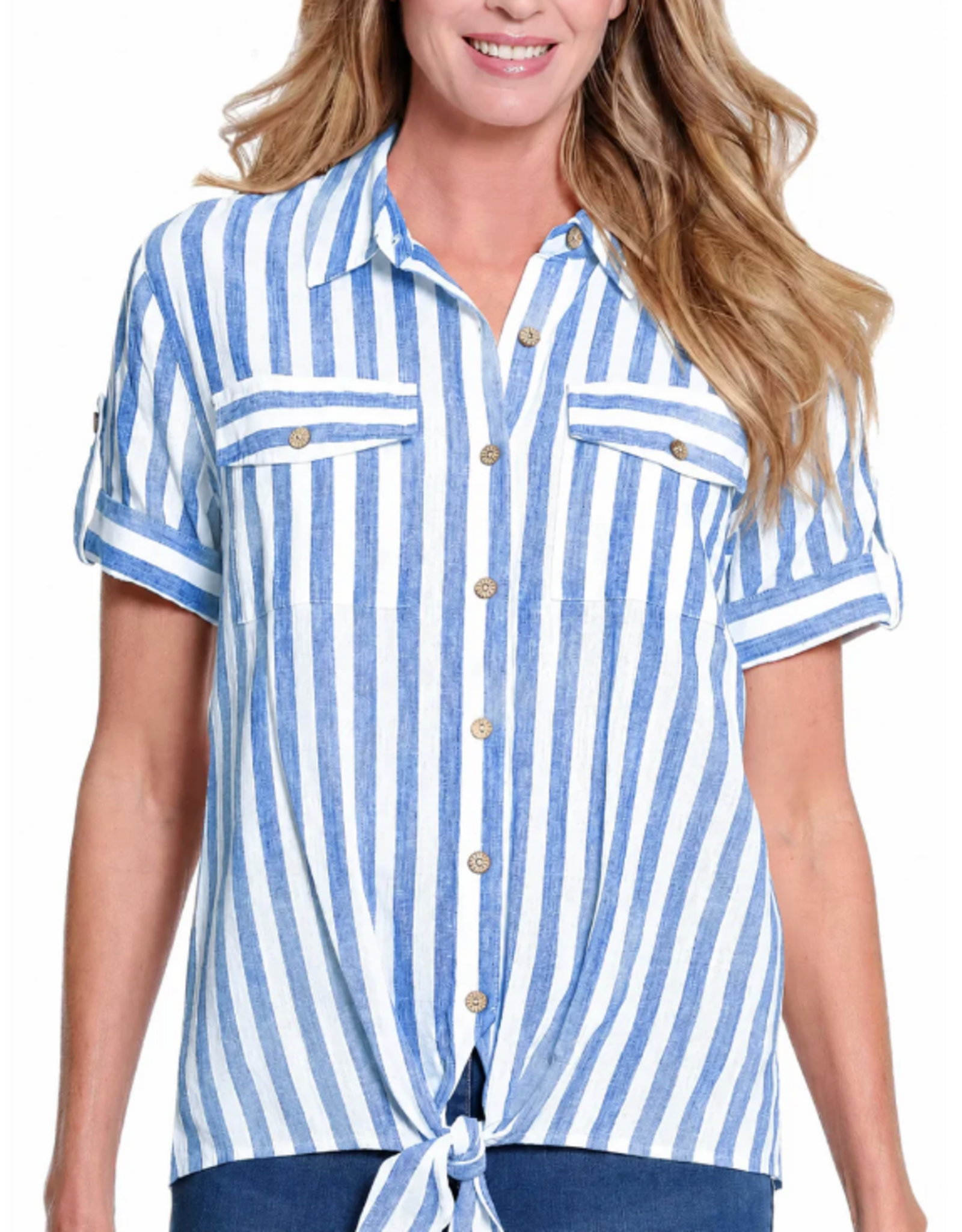Multiples Multiples M26310BM Indigo Denim/White Stripe Print Collar Button-Up Tie-Front S/S Top
