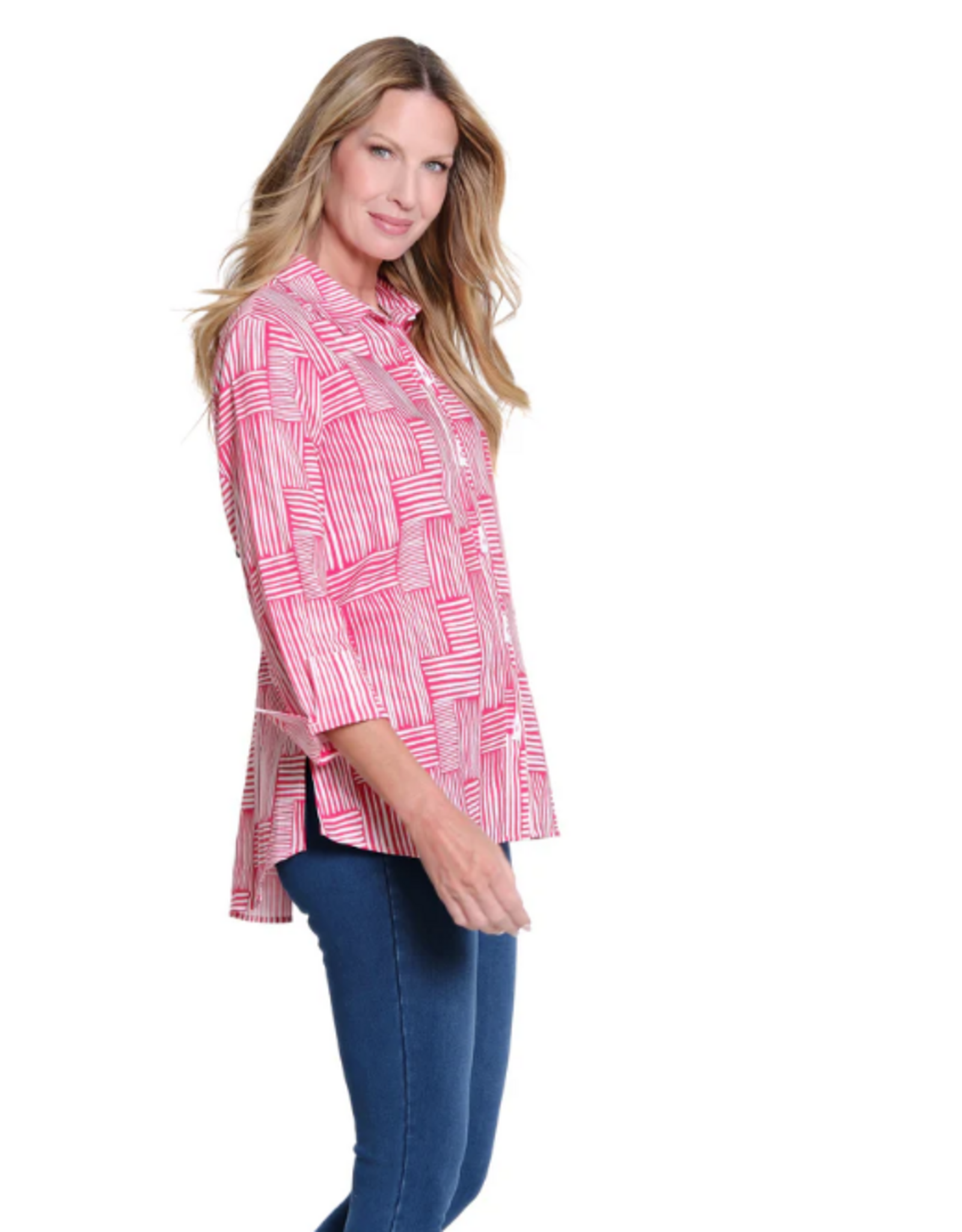 Multiples Multiples  Fiery Red/White  Print Button Up 3/4 Sleeve Top