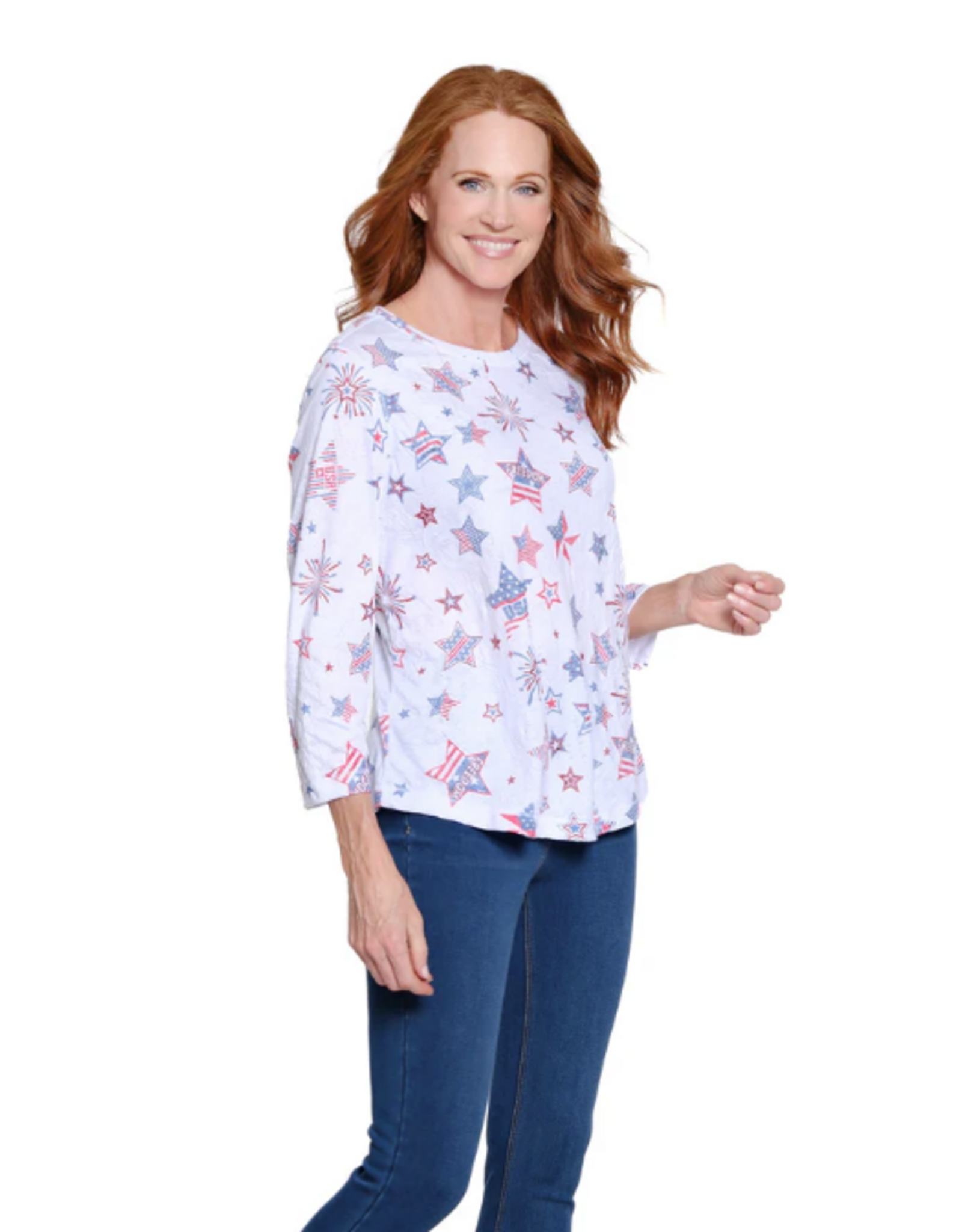 Multiples Multiples Star Print Crinkle Burnout Knit Jersey 3/4 Sleeve Top