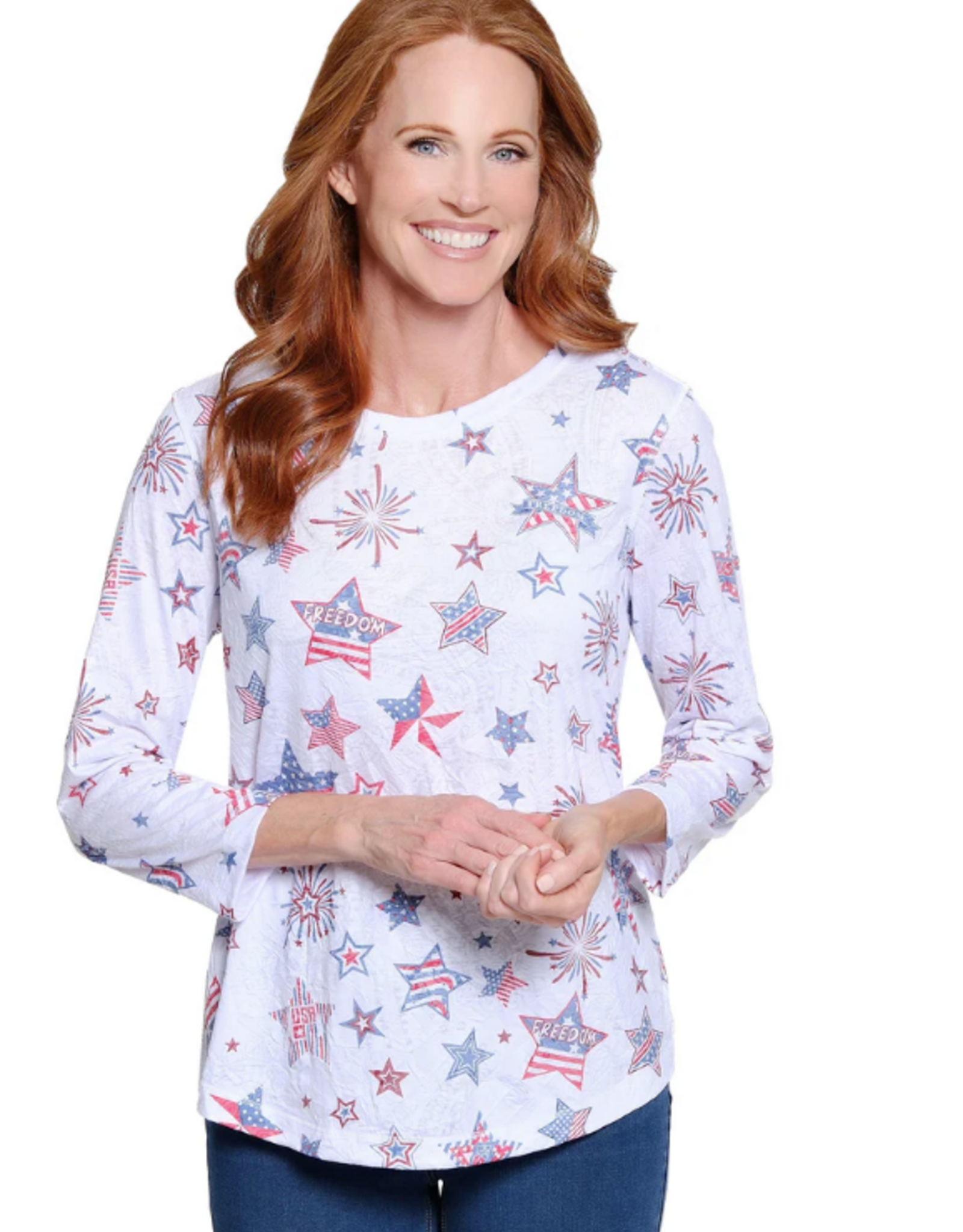 Multiples Multiples Star Print Crinkle Burnout Knit Jersey 3/4 Sleeve Top