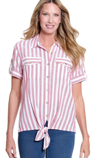 Multiples Multiples Fiery Red/White Stripe Print Collar Button-Up Tie-Front S/S Top