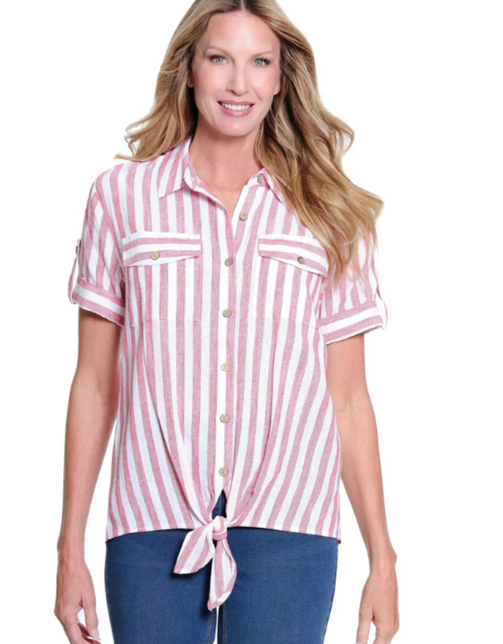 Multiples Multiples Fiery Red/White Stripe Print Collar Button-Up Tie-Front S/S Top