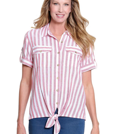 Multiples Multiples Fiery Red/White Stripe Print Collar Button-Up Tie-Front S/S Top