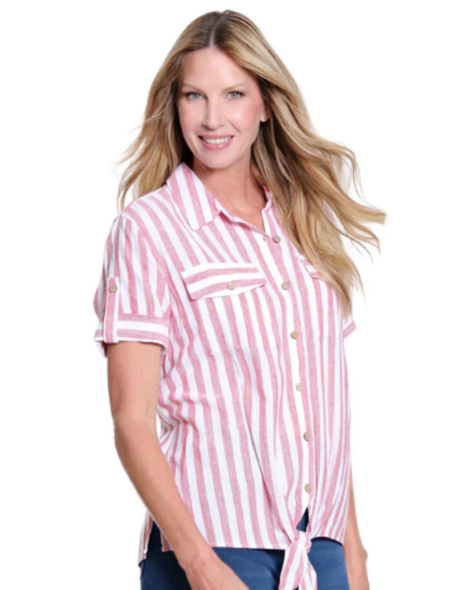 Multiples Multiples Fiery Red/White Stripe Print Collar Button-Up Tie-Front S/S Top
