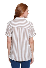 Multiples Multiples Stone/White Stripe Print Collar Button-Up Tie-Front S/S Top